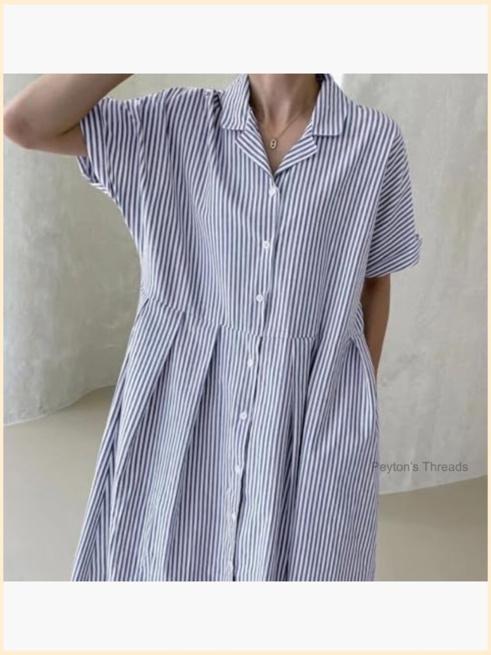 Cotton Striped Button Up Midi Shift Dress with Pockets Loose Fit - Picture 2 of 5